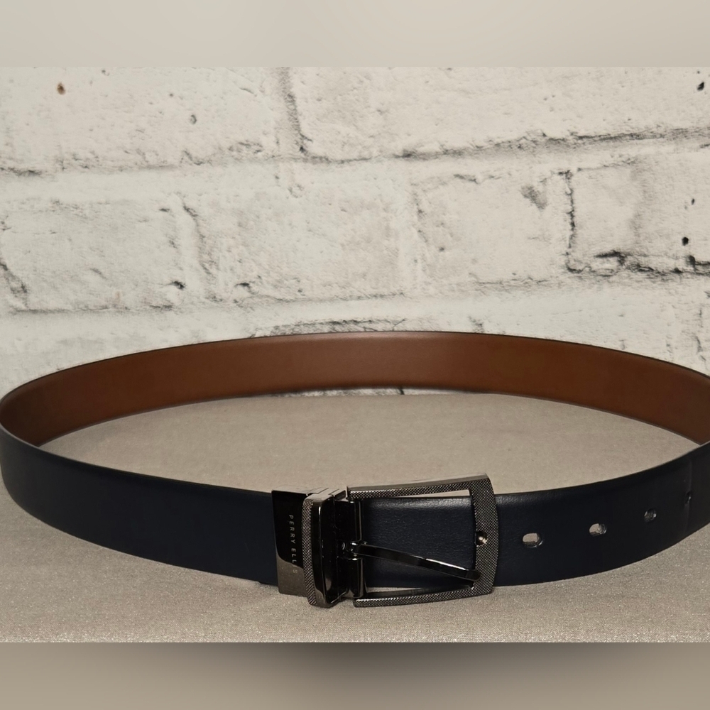 Men’s Navy Dress Belt Minimal Silver Buckle Size 34 Business Casual